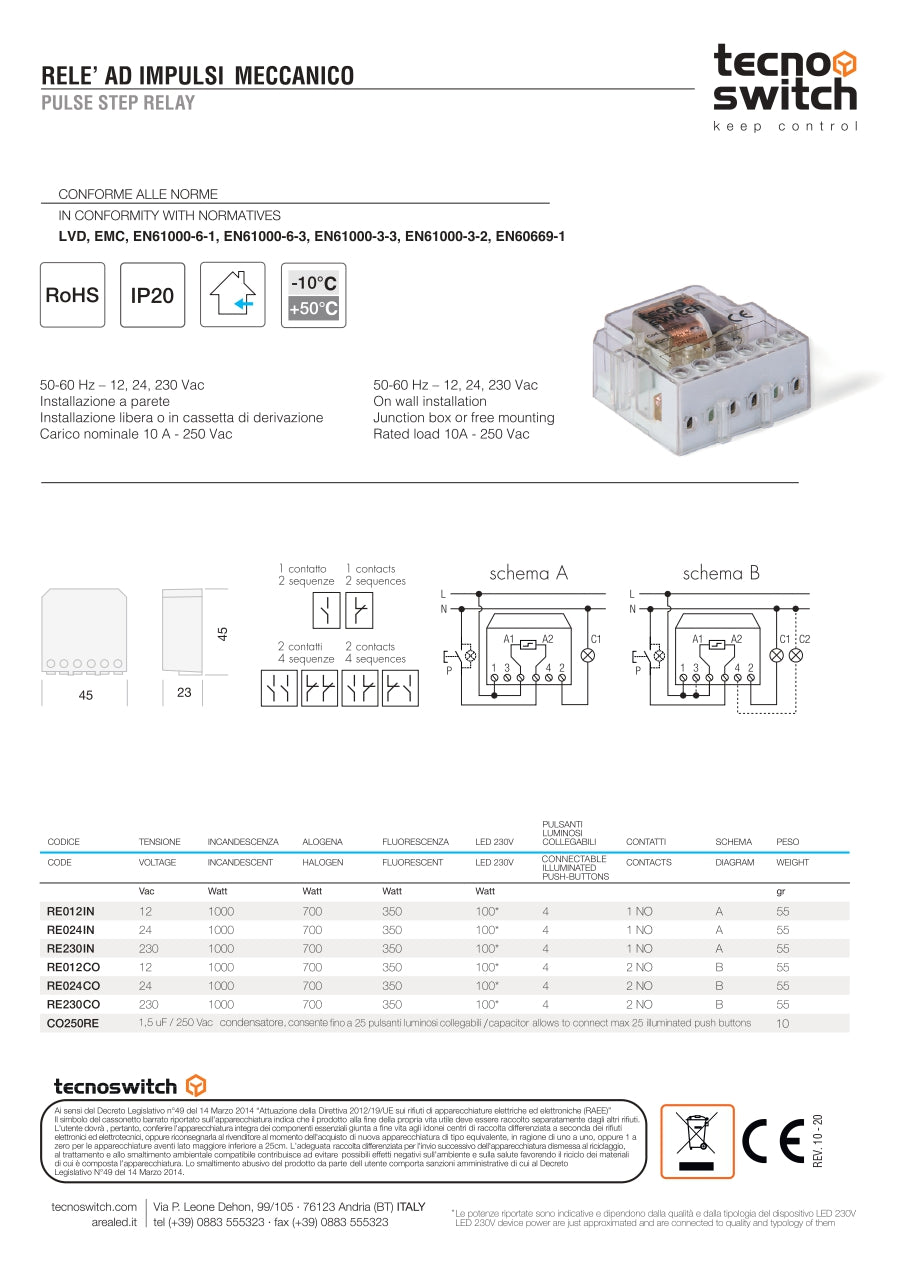 Relè meccanico ad impulsi commutato 2 contatti - Tecno Switch