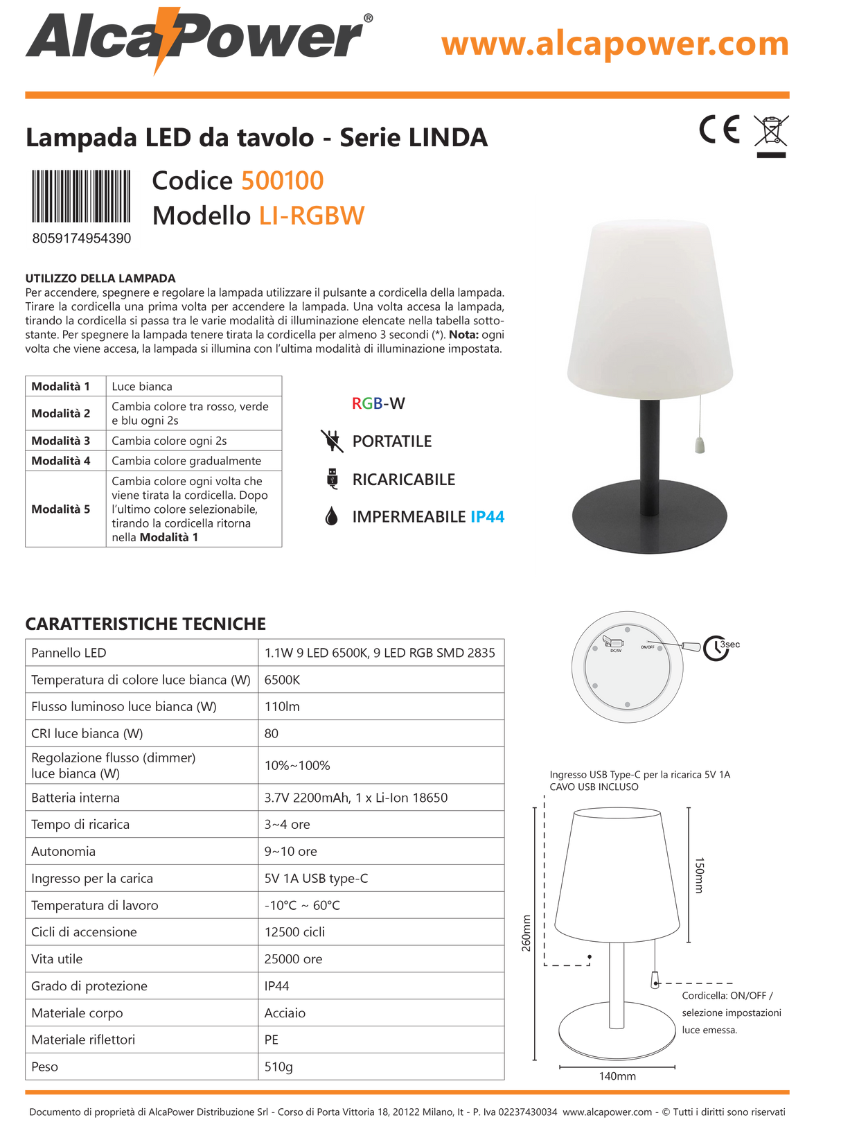 Lampada LED da tavolo ricaricabile dimmerabile RGB+White - Linda