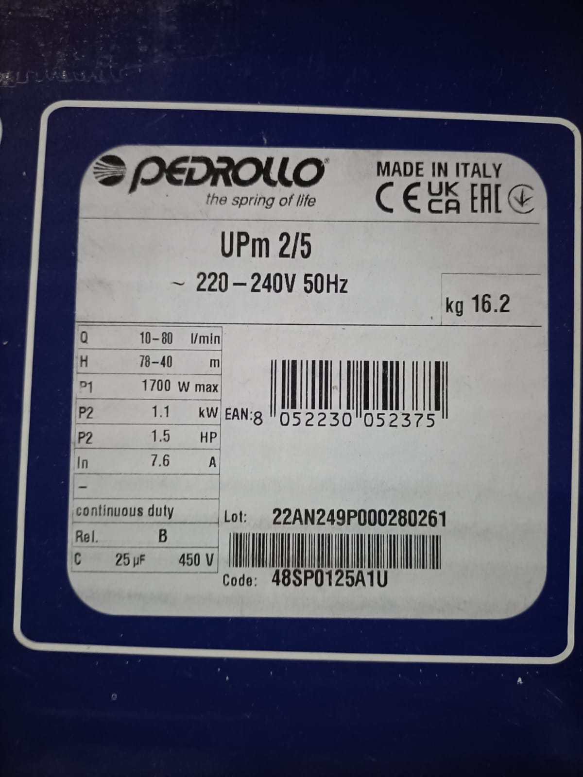 Elektrische Tauchpumpe ohne Schwimmer 1,5 PS - UPm 2/5 Pedrollo