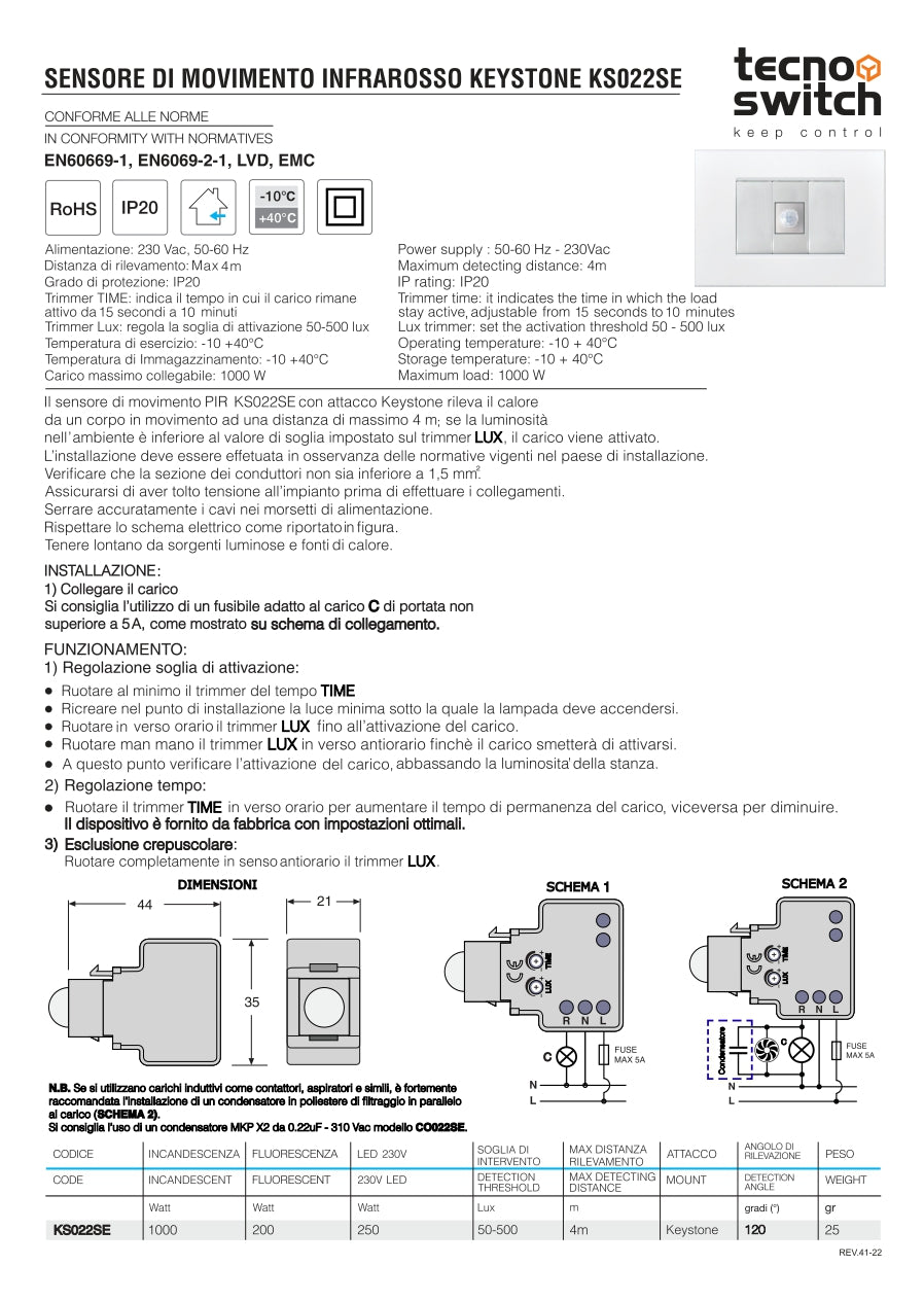 Sensore di movimento infrarosso incasso per 503 -  Keystone Tecno Switch