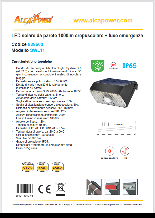 Solar LED Wand 1000lm mit PIR + Dämmerung