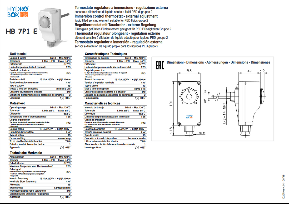 Einhängethermostat 0-90°C externe Regulierung HB 7P1 E - 102070