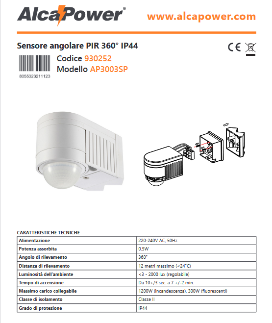 PIR 360° IP44 angular presence-movement sensor