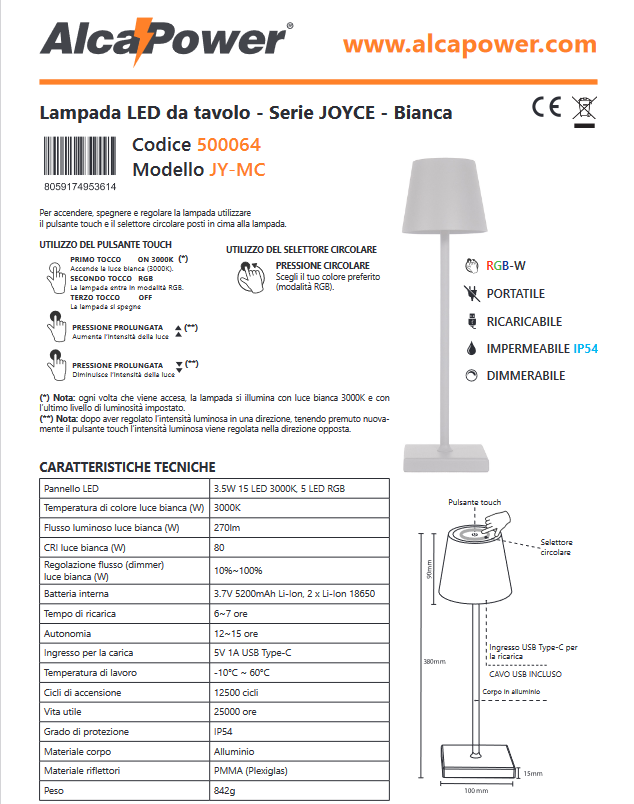 RGB+Weiß dimmbare wiederaufladbare LED-Tischlampe - Joyce Bianca